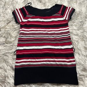 Iz Byer Cali Women Size Large Red Black Striped Knitted Top Crew Neck